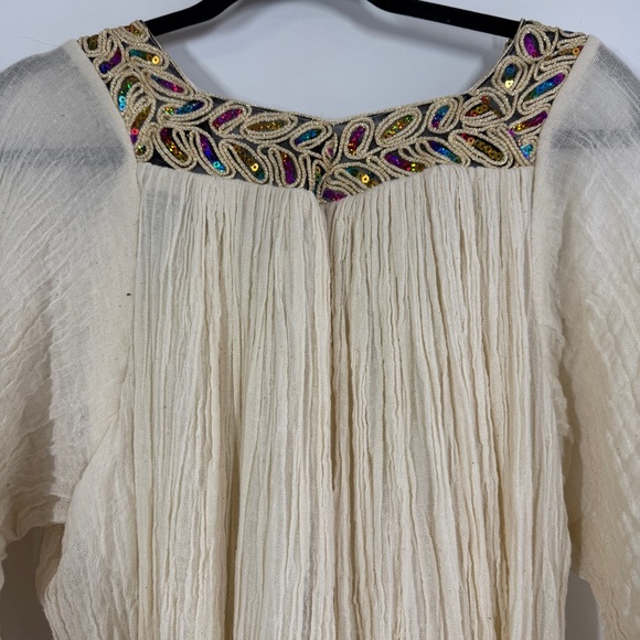 Vintage Ethiopian Cream Boho Maxi Dress Beaded Sequin Embroidered Ethnic - Picture 10 of 15